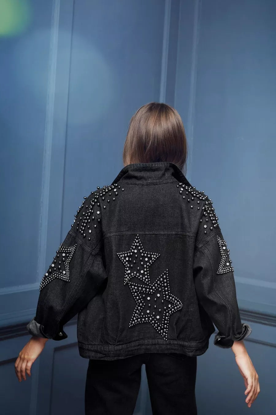 Black Denim Oversized Star Shirt Jacket