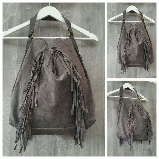 Dark grey large suede leather shoulder bag with tassels