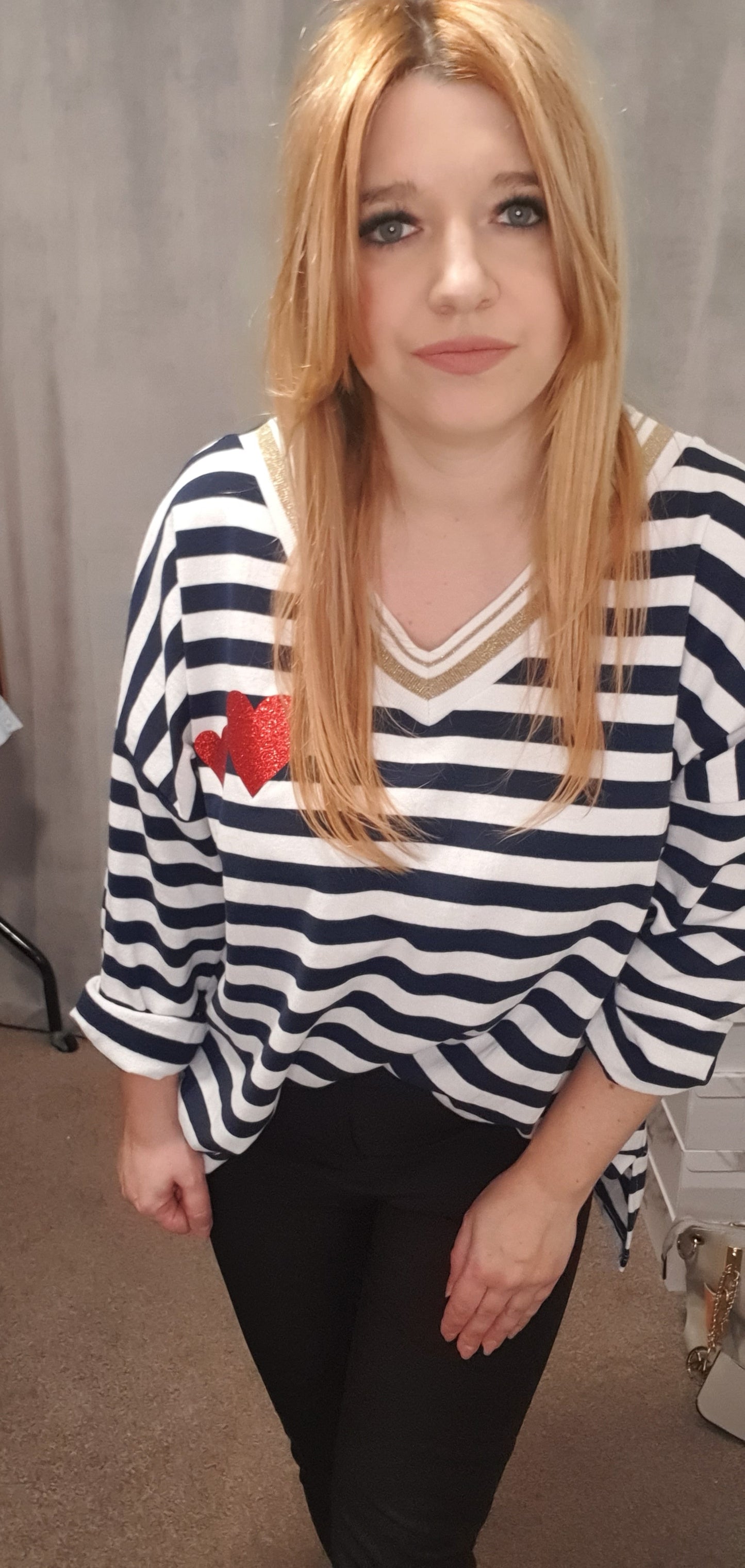 Oversize Striped White And Navy Blue Long Sleeve Top with Heart Print 10-18 UK