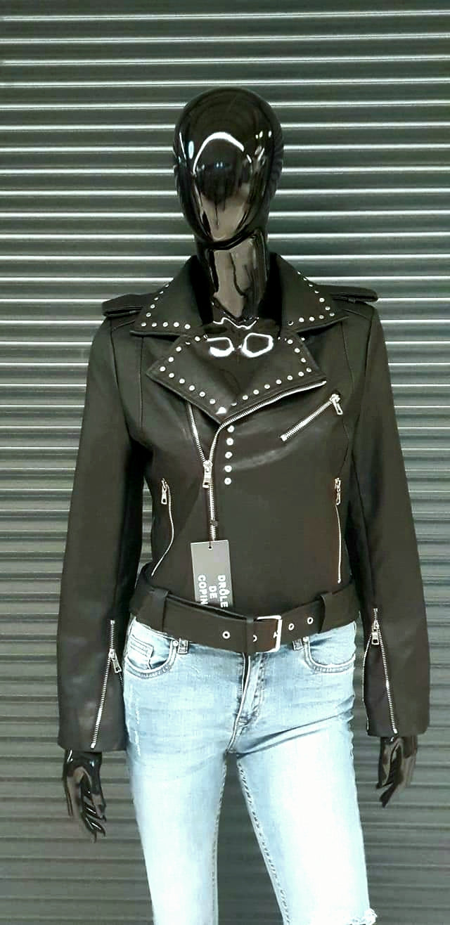 Black Faux Leather Biker Jacket With Silver Studs