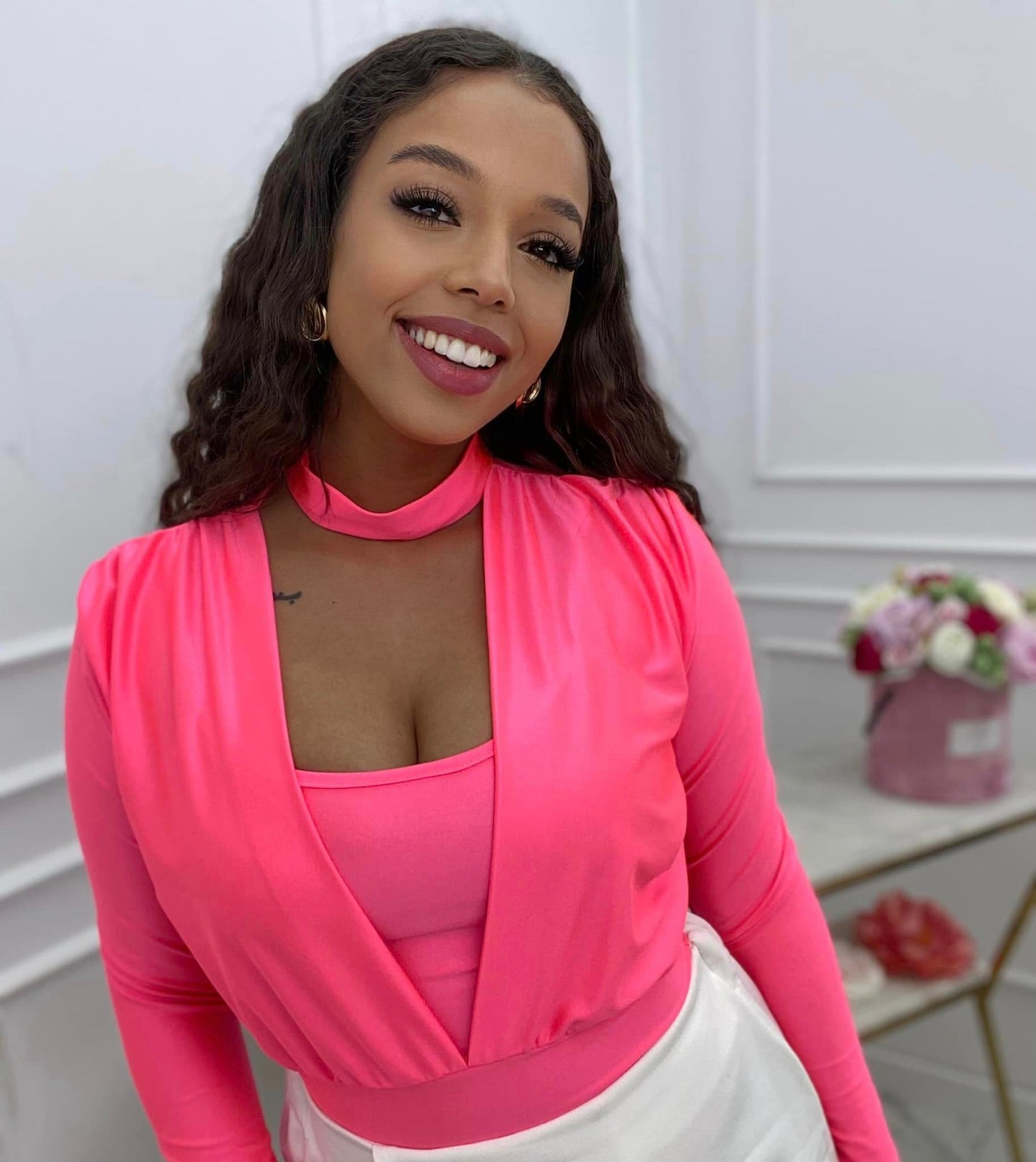 Lycra Choker Bodysuit Top In Pastel Pink, Blue And Green Colours