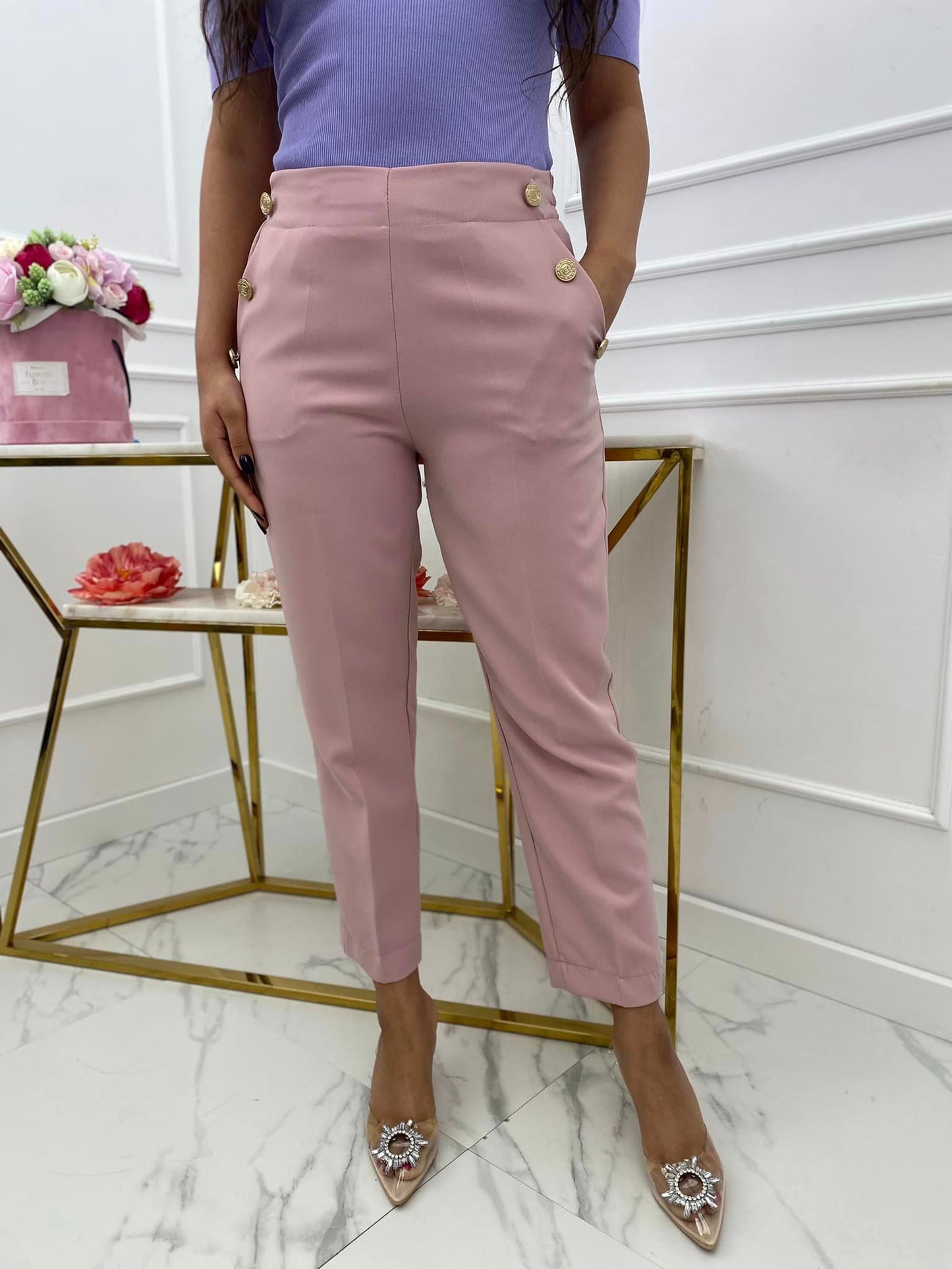 Light Pink High Waist Tapered Women's Pants With Pockets And Golden Buttons