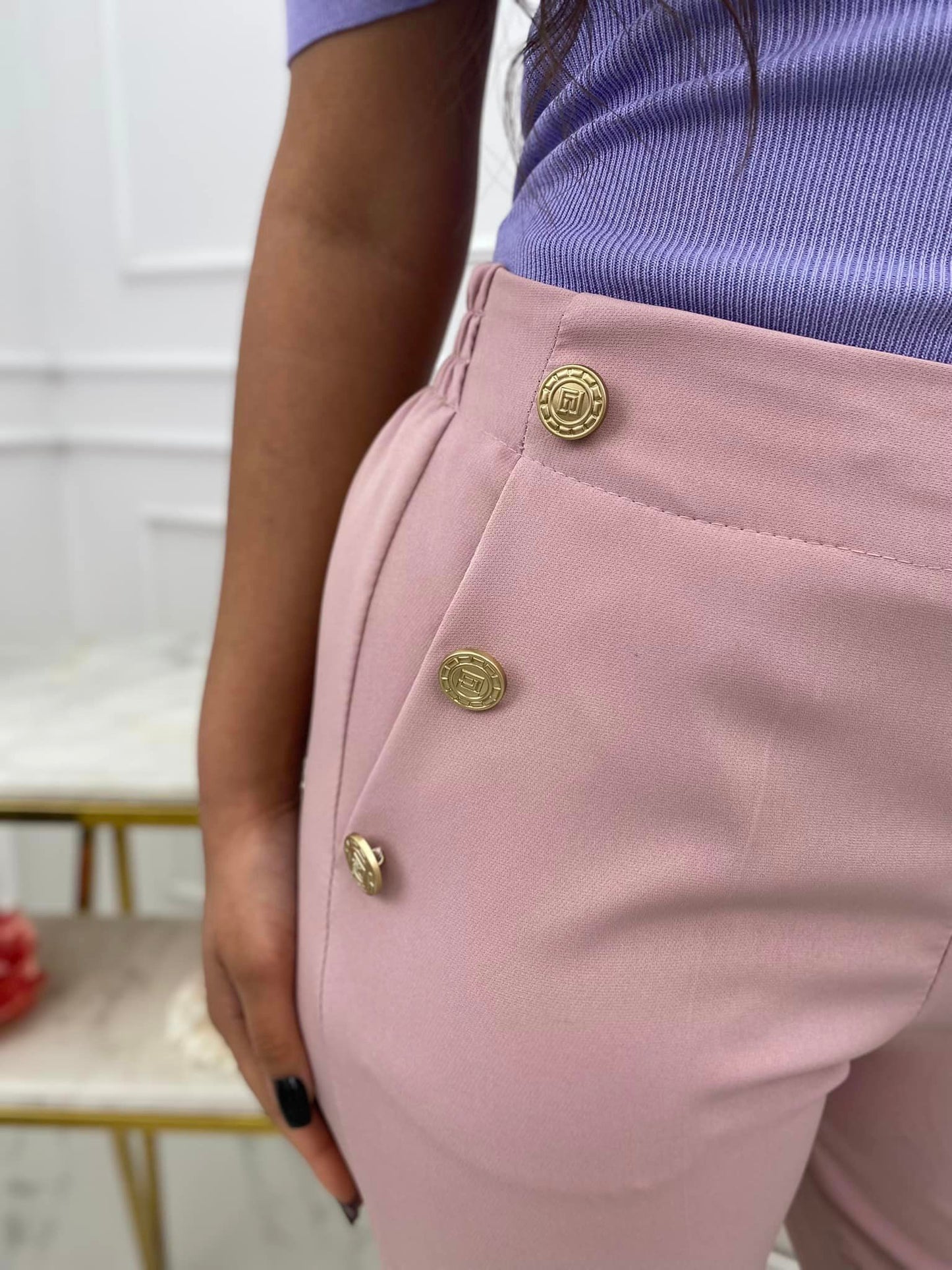 Light Pink High Waist Tapered Women's Pants With Pockets And Golden Buttons