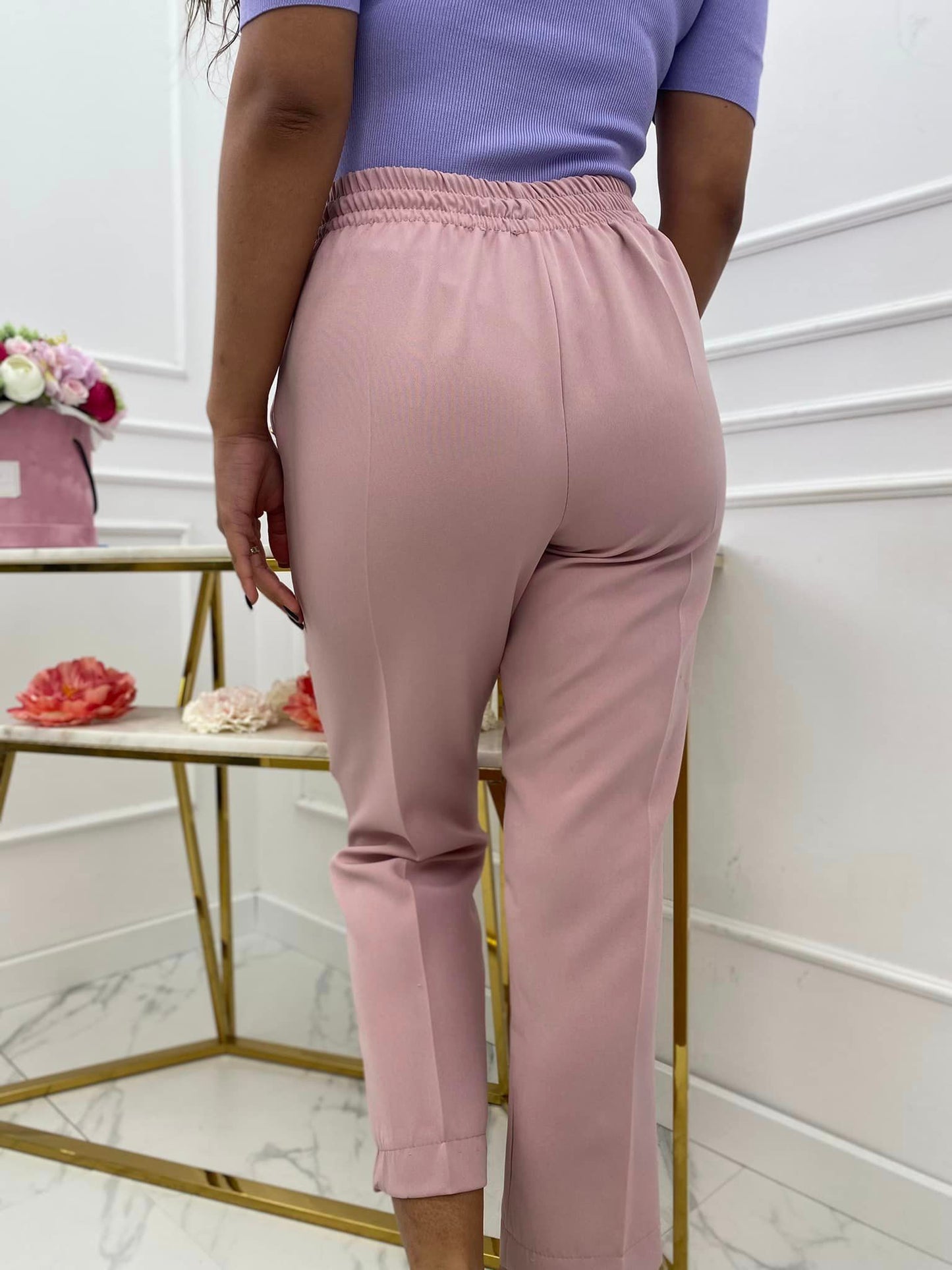 Light Pink High Waist Tapered Women's Pants With Pockets And Golden Buttons