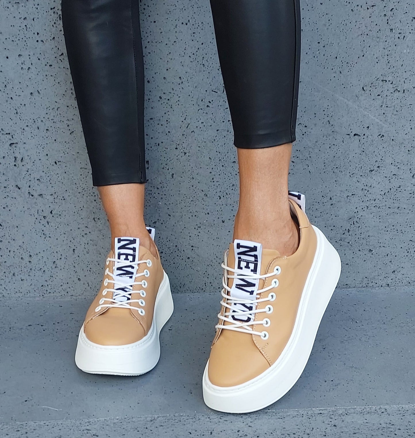 Camel Leather Platform Trainers, Nude Platform Loafers New York Print 3-7 UK