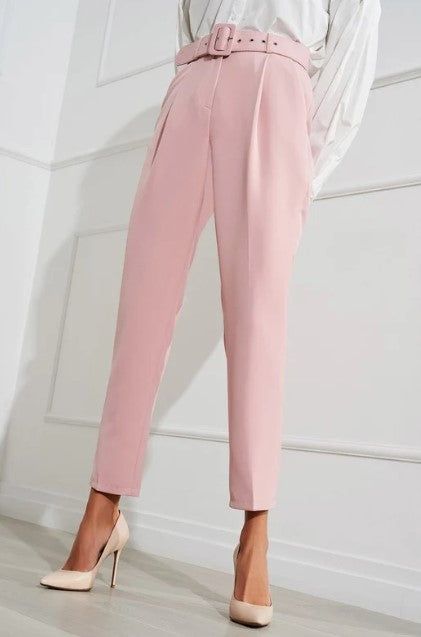 Baby Pink High Waist Tapered Elegant Trousers With Pockets And Belt