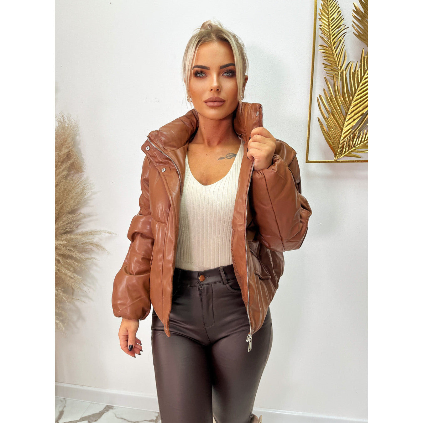 Faux leather short bomber jacket in camel