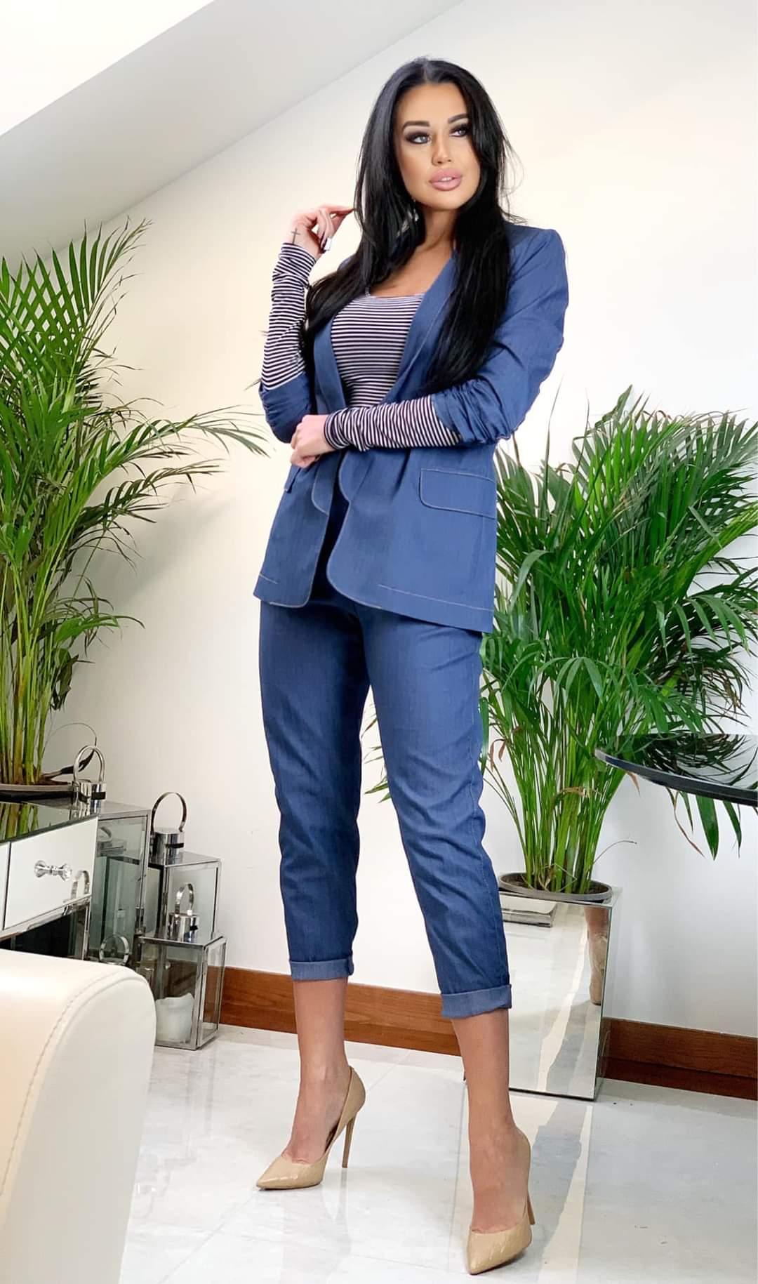 Blue Jeans Style Suit Open Blazer with High Waisted Cigarette Trousers