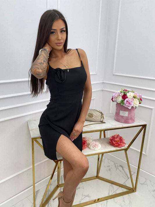 Black Short Fitted Strappy Dress with Rose S/M