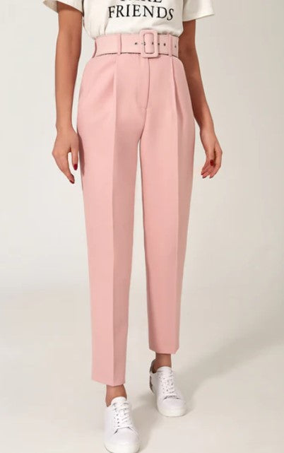 Baby Pink High Waist Tapered Elegant Trousers With Pockets And Belt