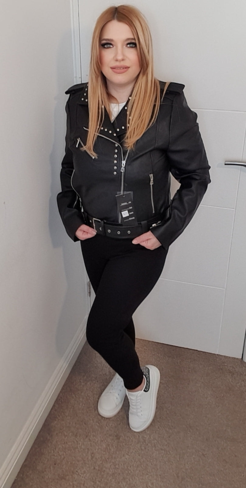 Black Faux Leather Biker Jacket With Silver Studs