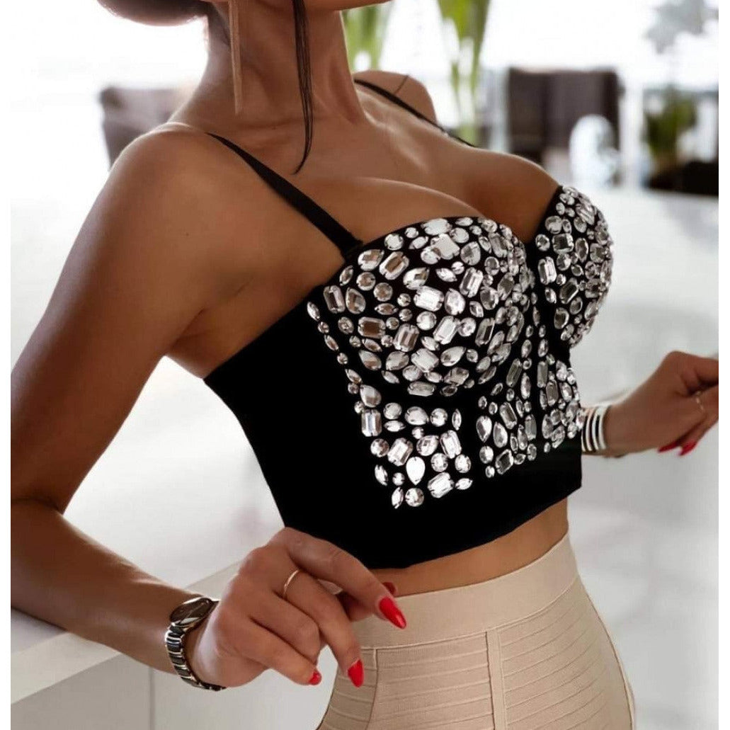 Black Corset Bustier Crop Top with Clear Rhinestones – Stylenchic