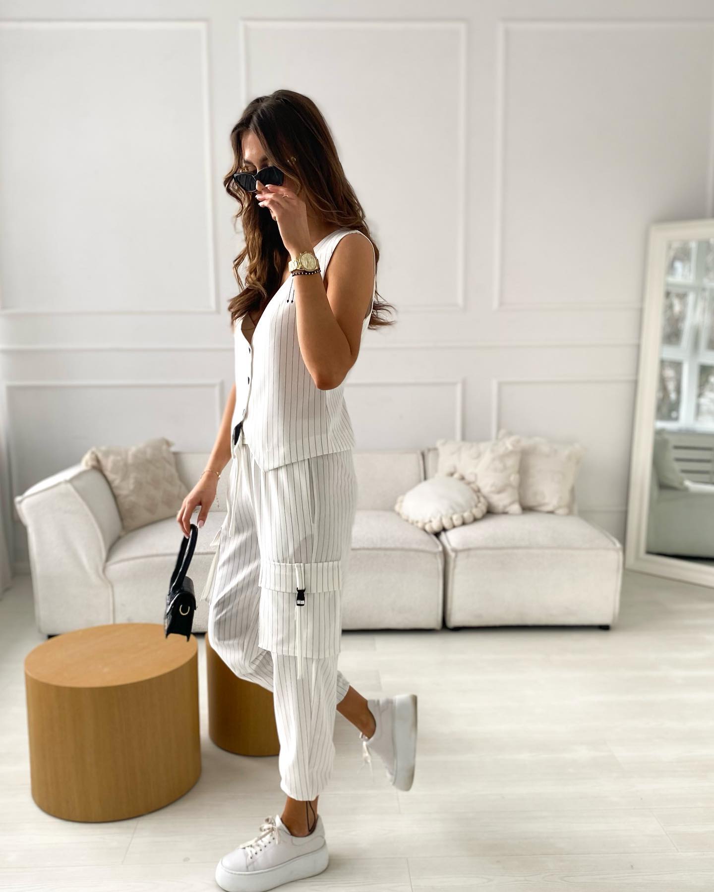 White Striped Combat Trousers Or Wide Leg Trousers M/L