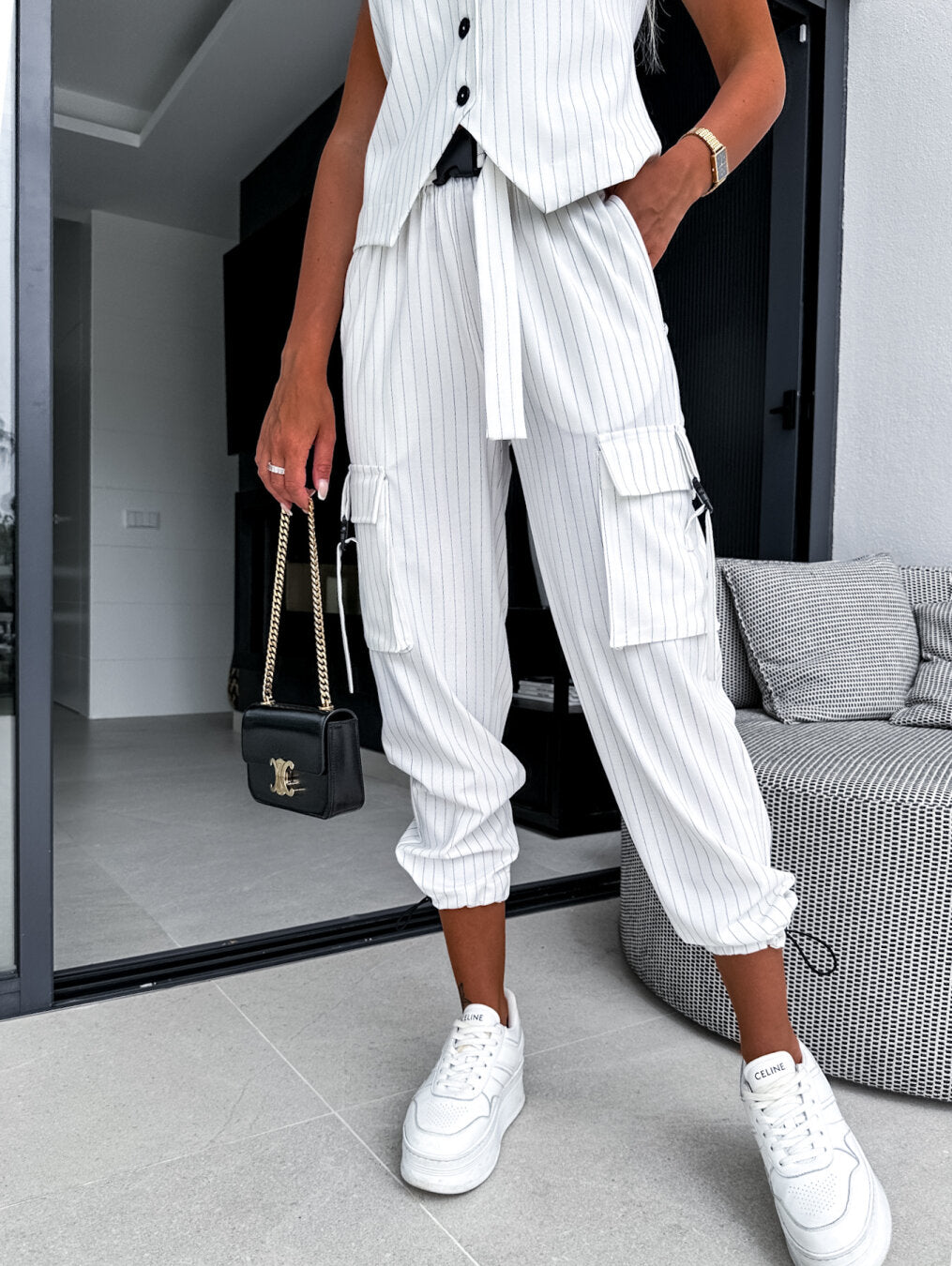 White Striped Combat Trousers Or Wide Leg Trousers M/L